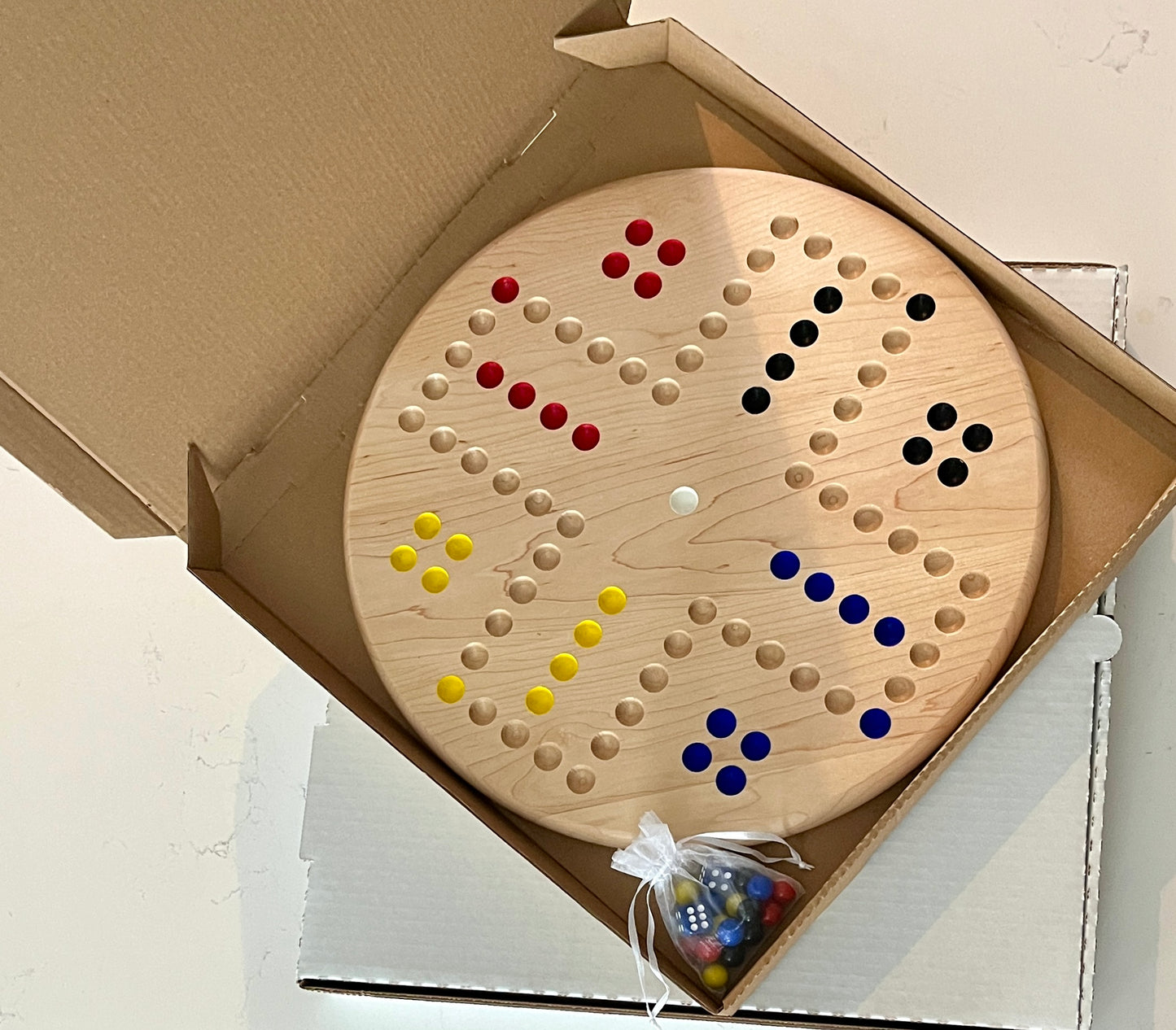 Handmade Wahoo Game Board β Hardwood Circle Board with Marbles & Dice β Choose Maple, Cherry, or Walnut