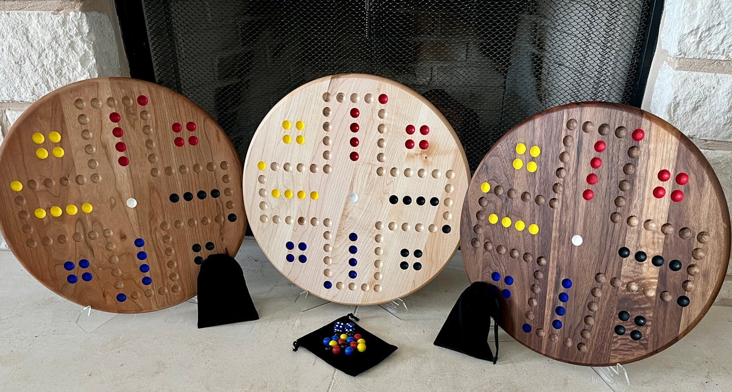 Handmade Wahoo Game Board β Hardwood Circle Board with Marbles & Dice β Choose Maple, Cherry, or Walnut