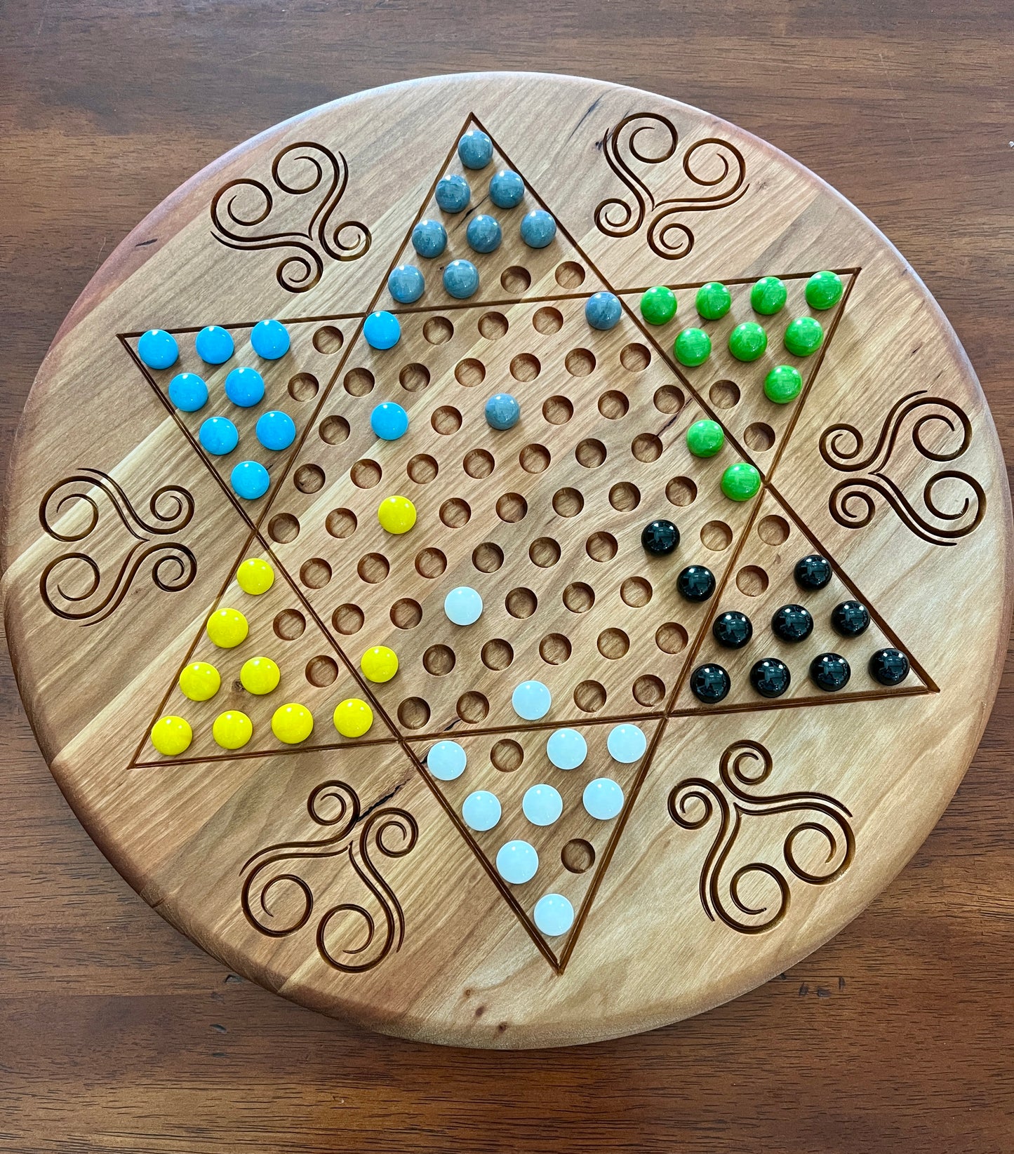 Handmade Chinese Checkers Game β 6-Player Circular Board β Maple or Cherry Hardwood with Marbles