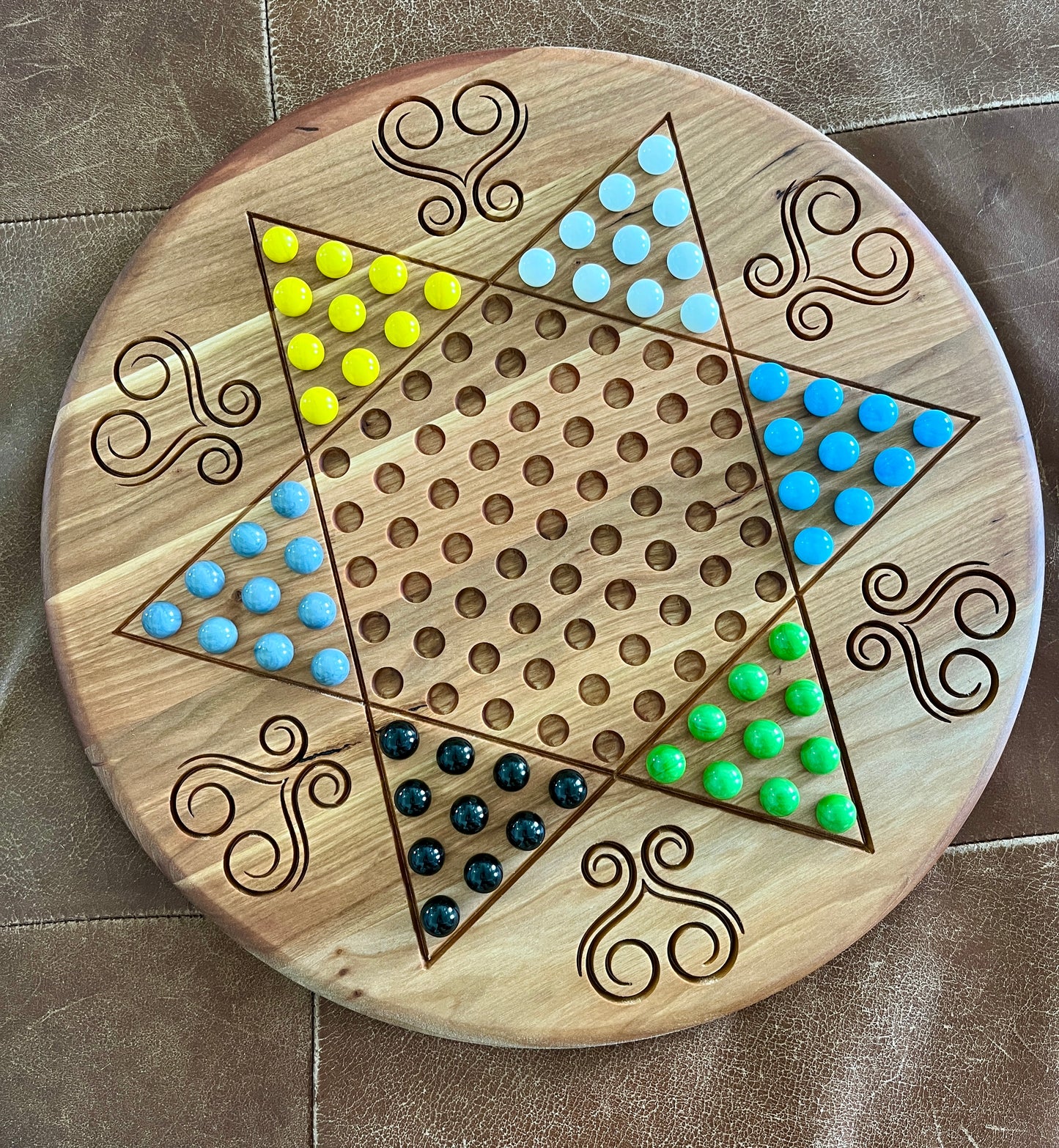 Handmade Chinese Checkers Game β 6-Player Circular Board β Maple or Cherry Hardwood with Marbles