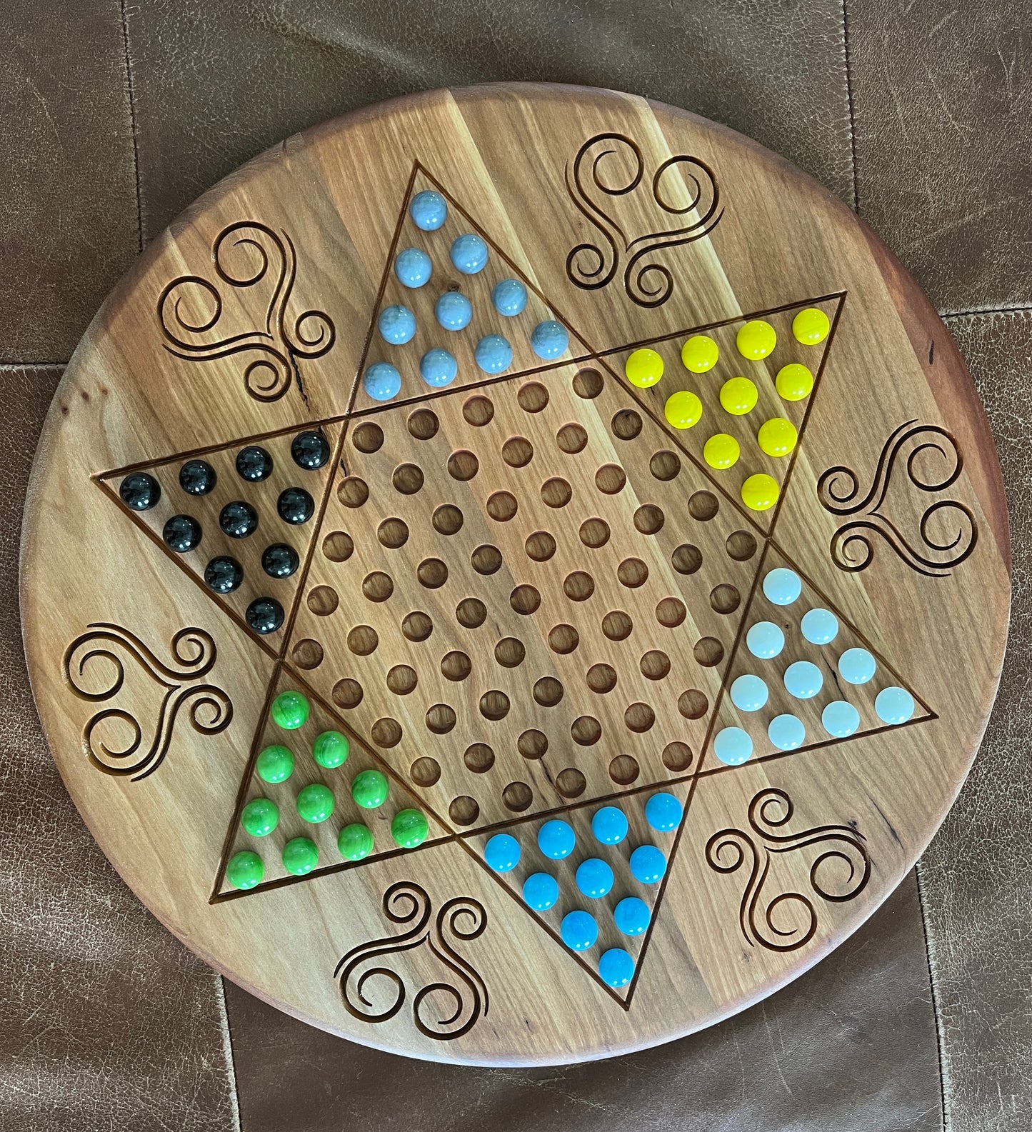 Handmade Chinese Checkers Game β 6-Player Circular Board β Maple or Cherry Hardwood with Marbles