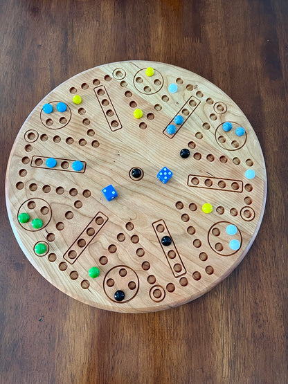 Handmade 6-Player Wahoo / Aggravation Game Board – Natural Hardwood Circle Board with Marbles & Dice