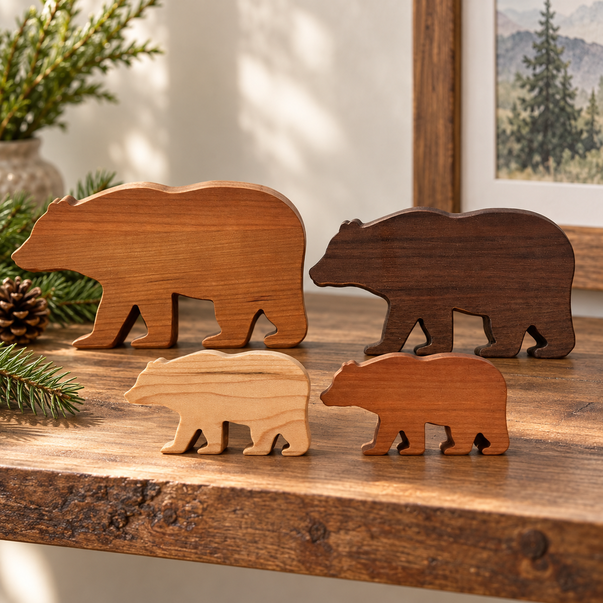 Solid Hardwood Bear Family Figurines: 4-Piece Woodland Nursery Decor