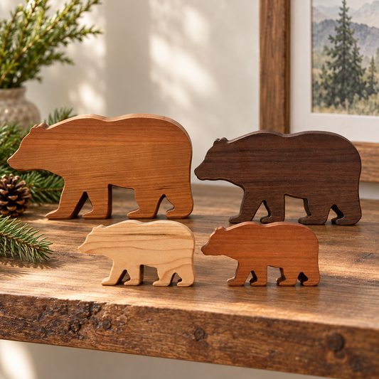 Solid Hardwood Bear Family Figurines: 4-Piece Woodland Nursery Decor