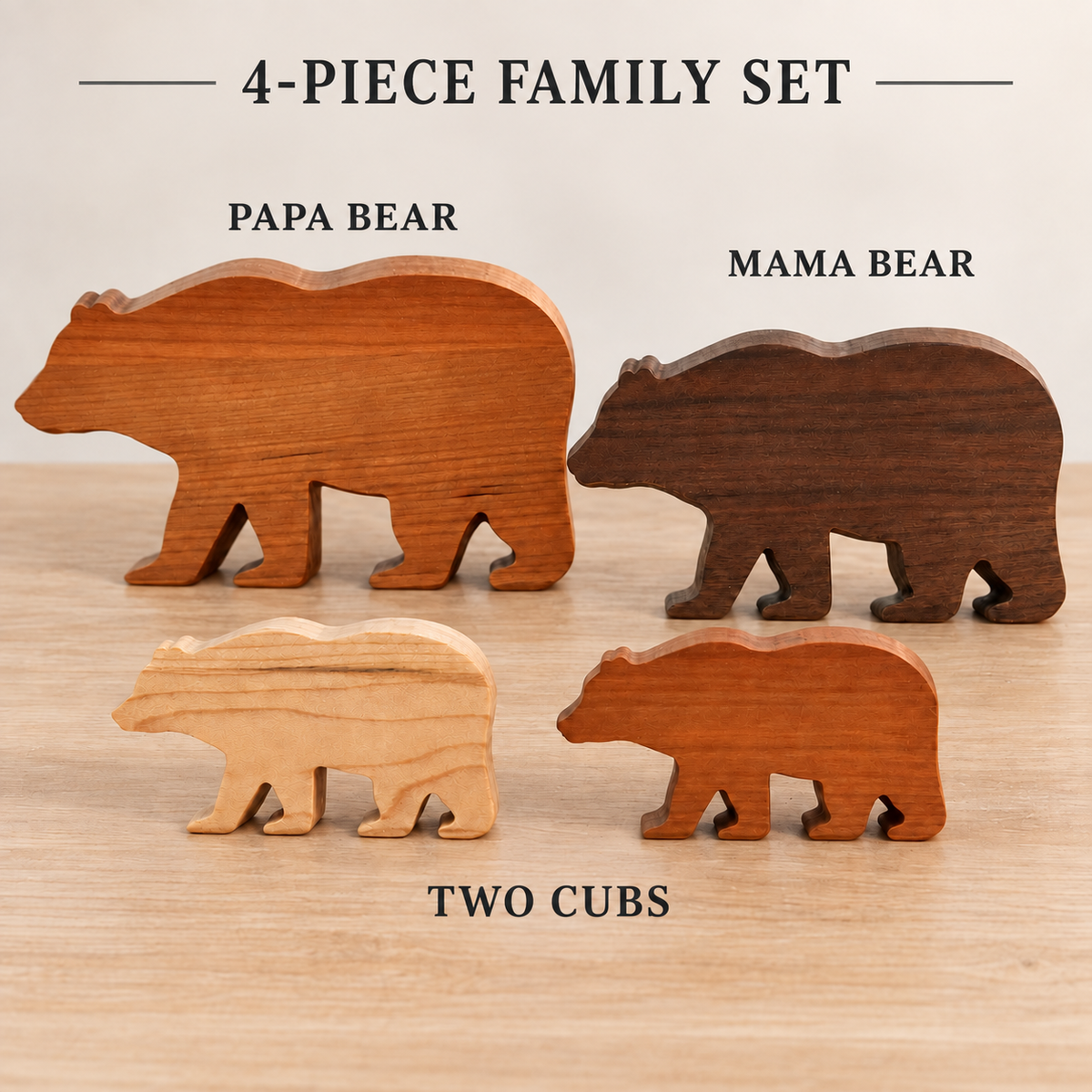 Solid Hardwood Bear Family Figurines: 4-Piece Woodland Nursery Decor