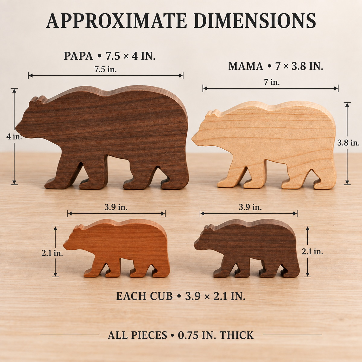 Solid Hardwood Bear Family Figurines: 4-Piece Woodland Nursery Decor