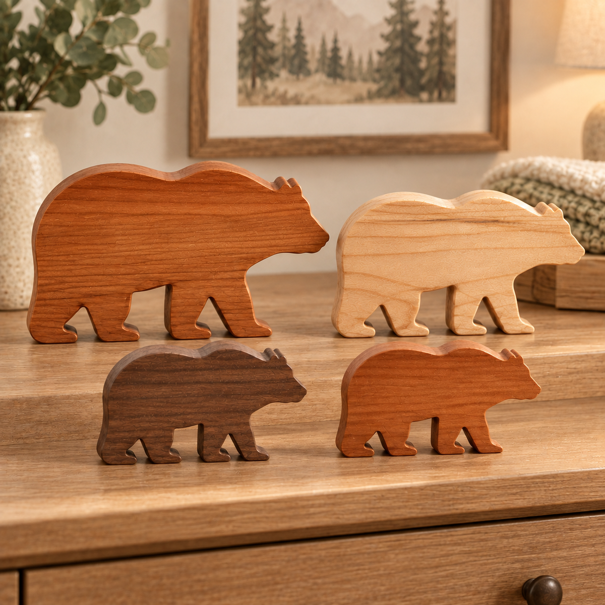 Solid Hardwood Bear Family Figurines: 4-Piece Woodland Nursery Decor