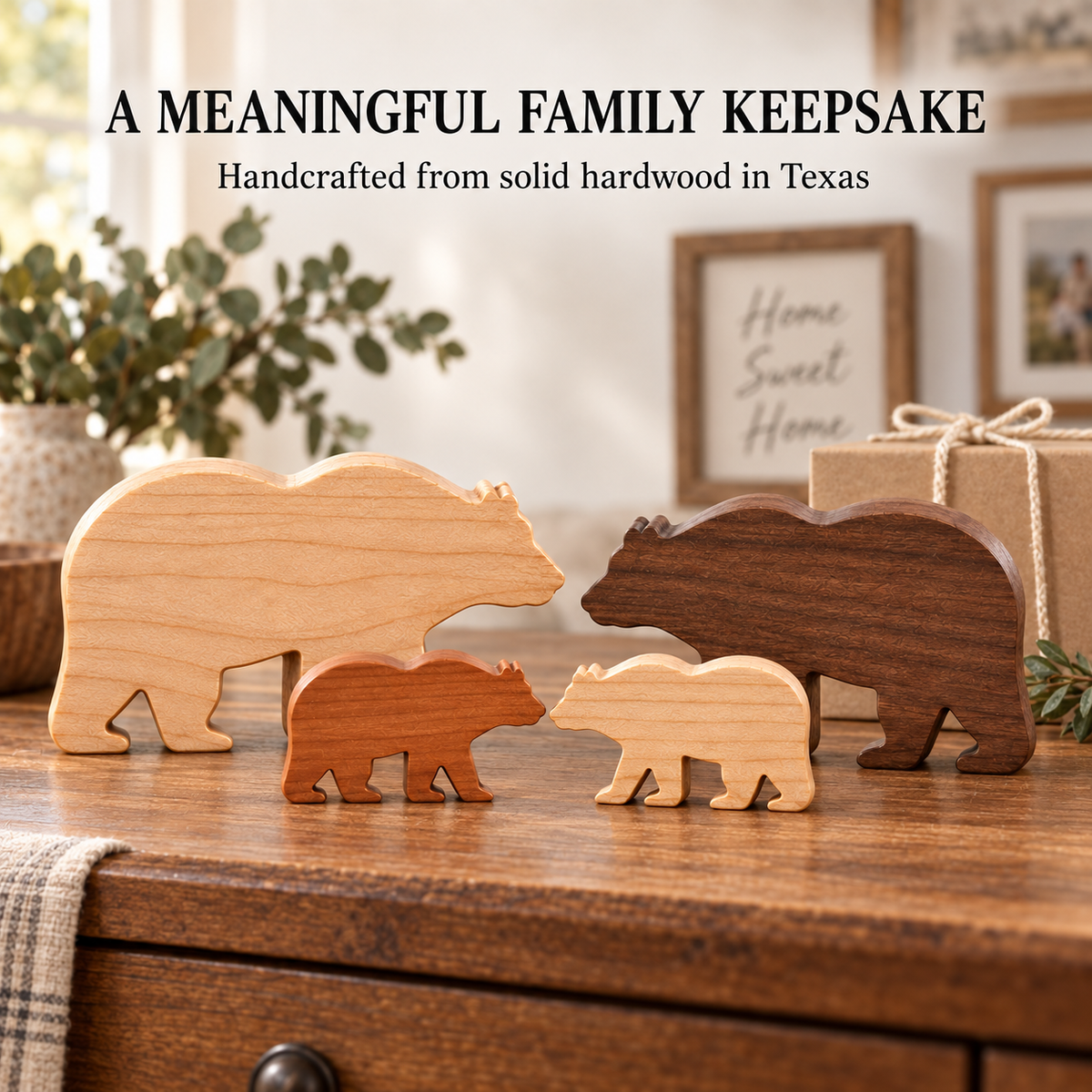 Solid Hardwood Bear Family Figurines: 4-Piece Woodland Nursery Decor