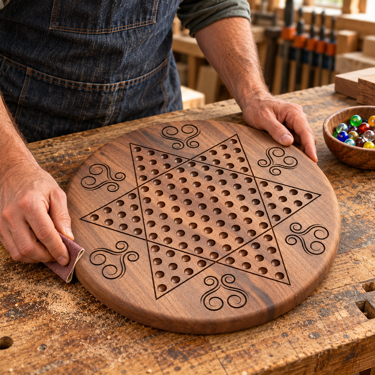 Wooden Chinese Checkers Board, 15-Inch Maple, Cherry or Walnut, Four Designs, Optional Personalization