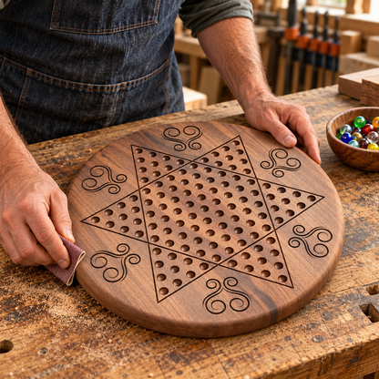 Wooden Chinese Checkers Board, 15-Inch Maple, Cherry or Walnut, Four Designs, Optional Personalization