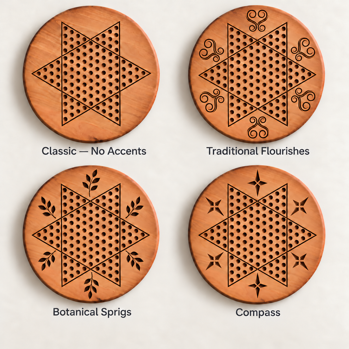 Wooden Chinese Checkers Board, 15-Inch Maple, Cherry or Walnut, Four Designs, Optional Personalization