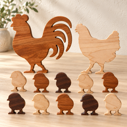 Wooden Chicken Family Figurines, 12-Piece Rooster, Hen and Chicks Farmhouse Decor