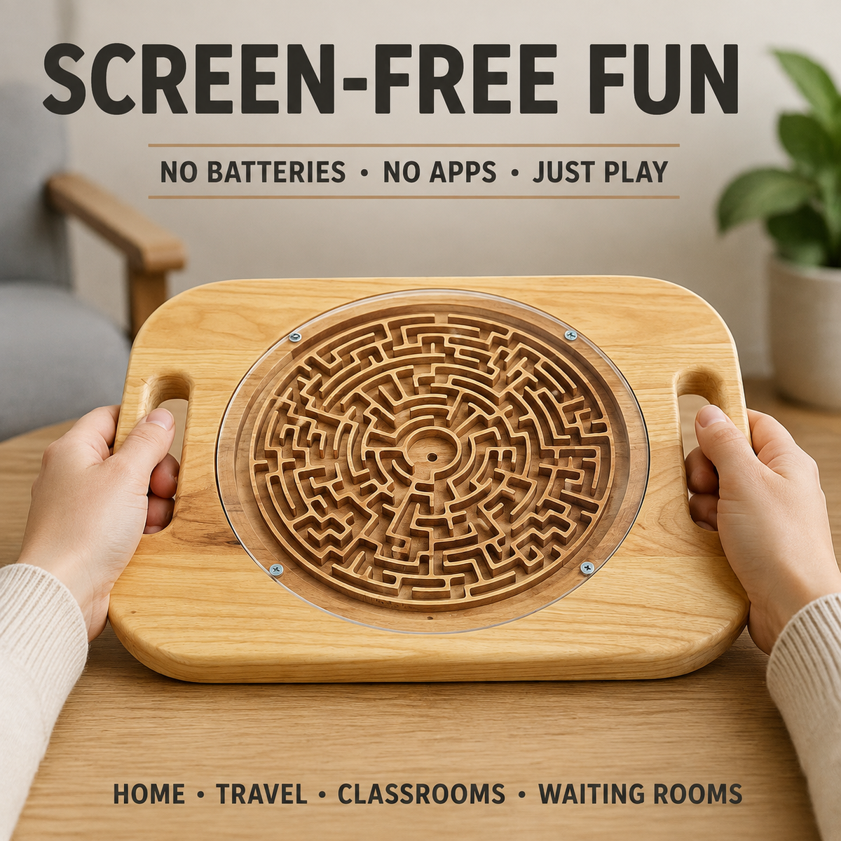 Double-Sided Wooden Circular Maze Game, Handheld Hardwood Labyrinth Puzzle