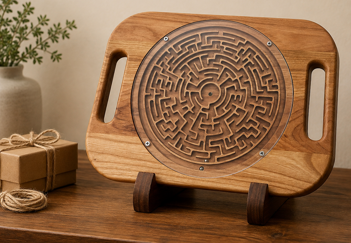 Double-Sided Wooden Circular Maze Game, Handheld Hardwood Labyrinth Puzzle