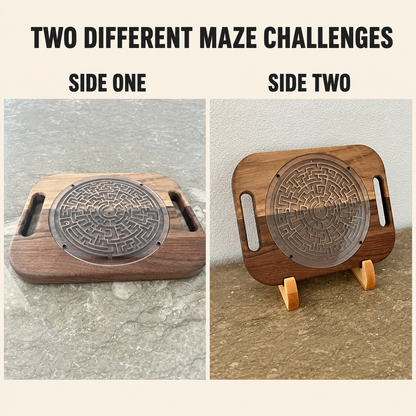 Double-Sided Wooden Circular Maze Game, Handheld Hardwood Labyrinth Puzzle