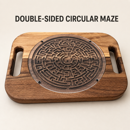 Double-Sided Wooden Circular Maze Game, Handheld Hardwood Labyrinth Puzzle