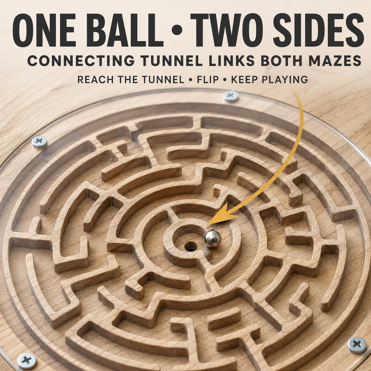 Double-Sided Wooden Circular Maze Game, Handheld Hardwood Labyrinth Puzzle