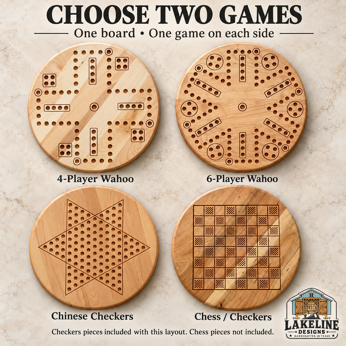 Reversible Wooden Game Board, 15 Inch – Choose Two Games: Wahoo, Chinese Checkers or Checkers
