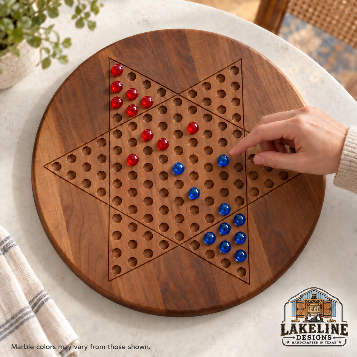 Reversible Wooden Game Board, 15 Inch – Choose Two Games: Wahoo, Chinese Checkers or Checkers
