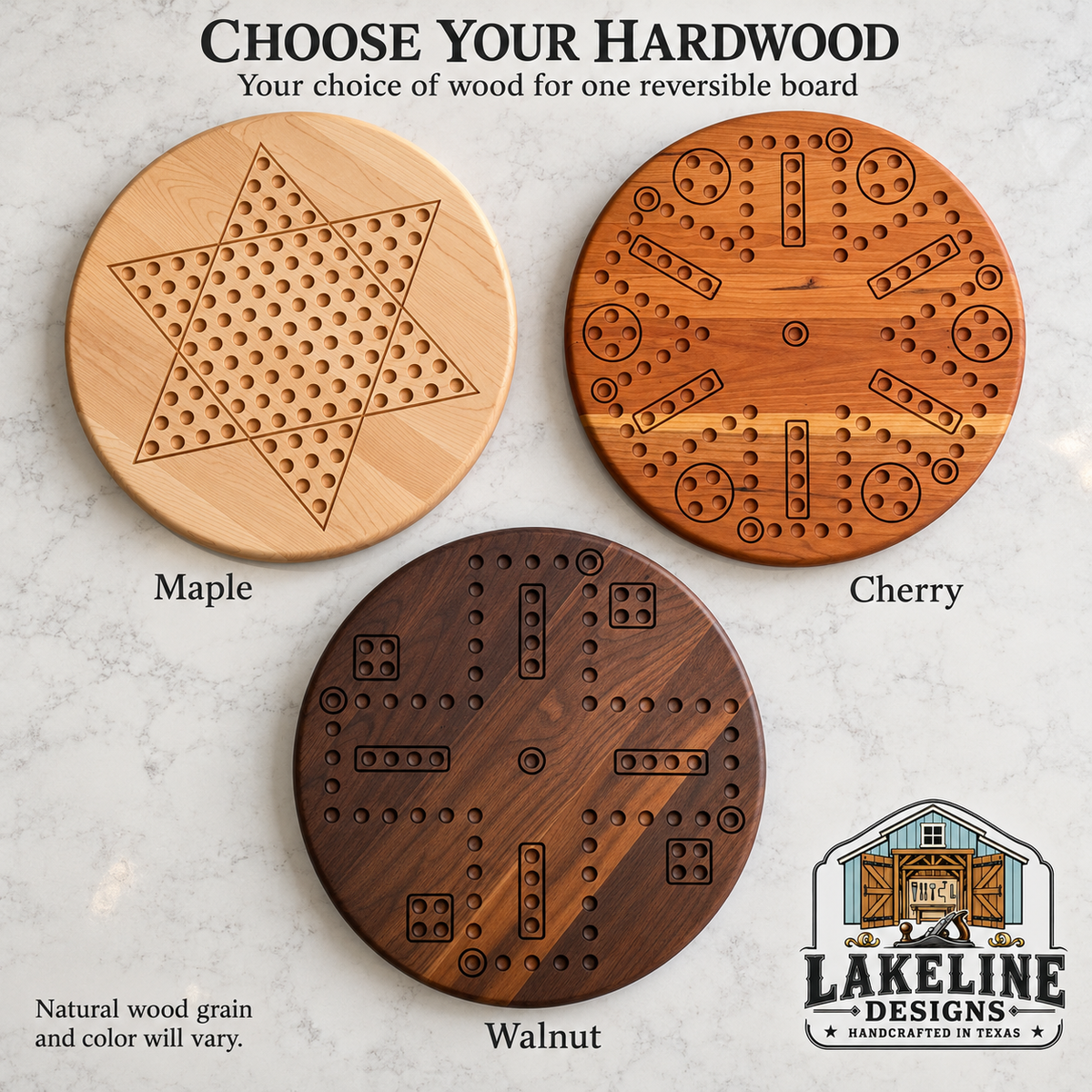Reversible Wooden Game Board, 15 Inch – Choose Two Games: Wahoo, Chinese Checkers or Checkers