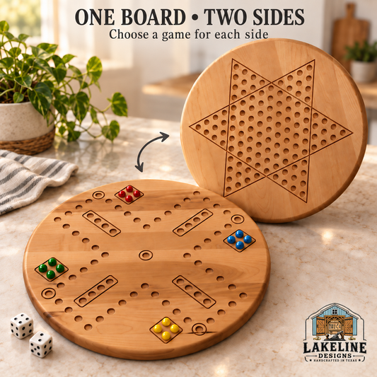 Reversible Wooden Game Board, 15 Inch – Choose Two Games: Wahoo, Chinese Checkers or Checkers