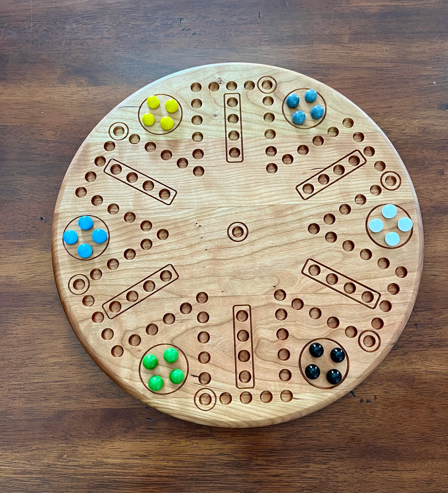 Handmade 6-Player Wahoo / Aggravation Game Board – Natural Hardwood Circle Board with Marbles & Dice