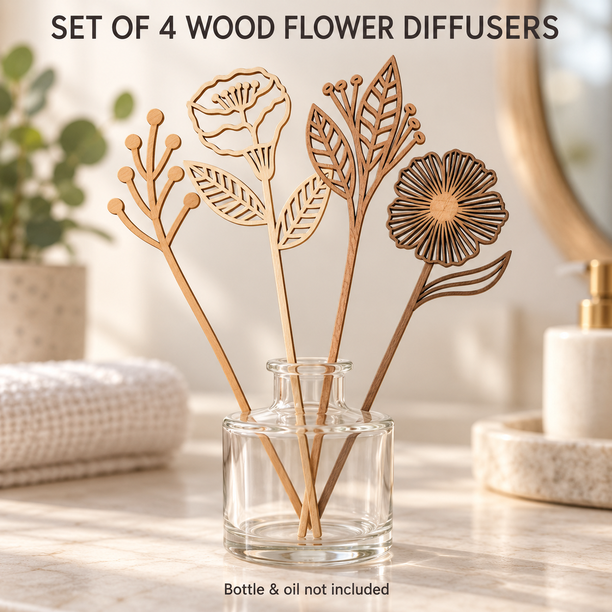 Wood Flower Reed Diffusers, Set of 4 or 8, Maple Cherry Walnut (No Oil)