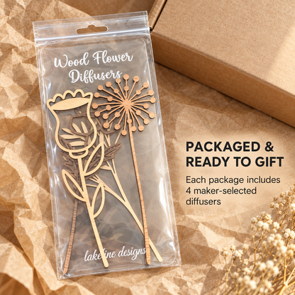 Wood Flower Reed Diffusers, Set of 4 or 8, Maple Cherry Walnut (No Oil)