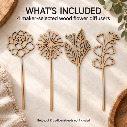 Wood Flower Reed Diffusers, Set of 4 or 8, Maple Cherry Walnut (No Oil)