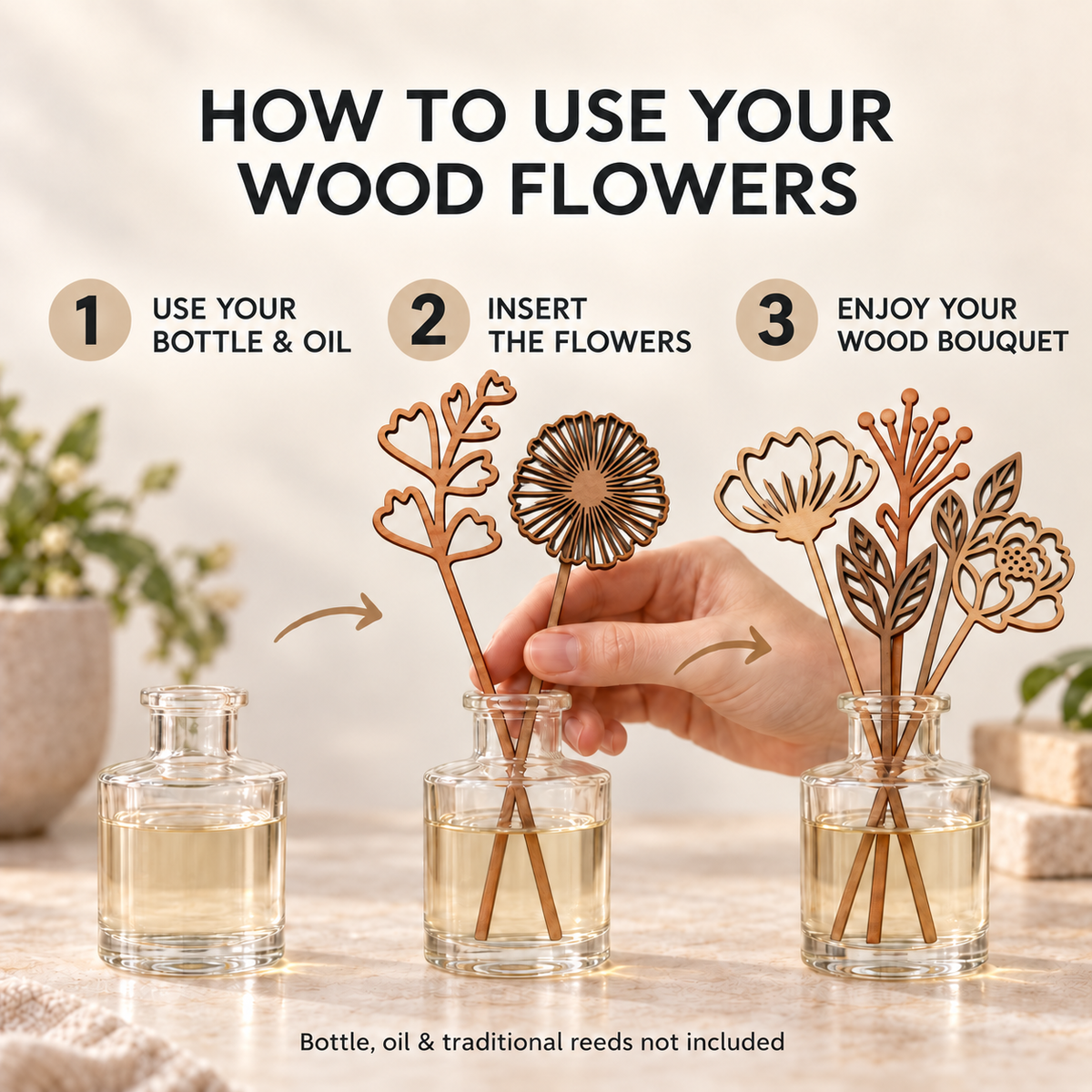 Wood Flower Reed Diffusers, Set of 4 or 8, Maple Cherry Walnut (No Oil)