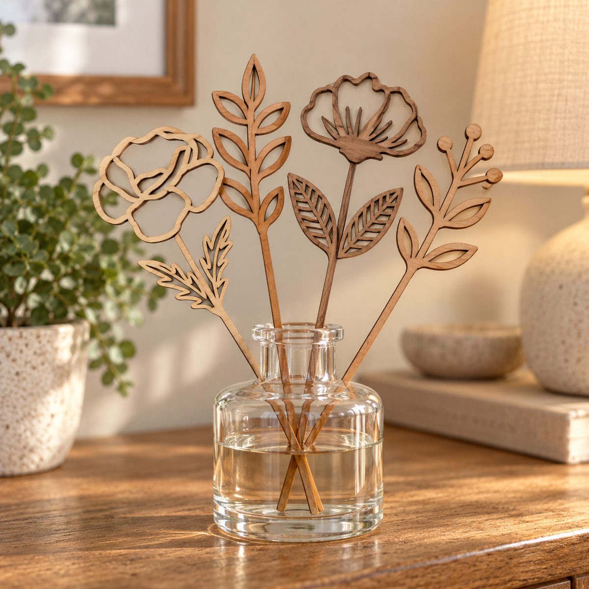 Wood Flower Reed Diffusers, Set of 4 or 8, Maple Cherry Walnut (No Oil)