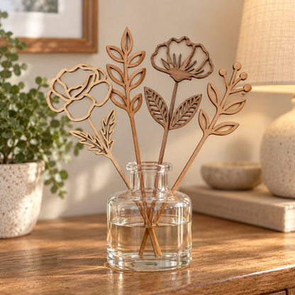 Wood Flower Reed Diffusers, Set of 4 or 8, Maple Cherry Walnut (No Oil)