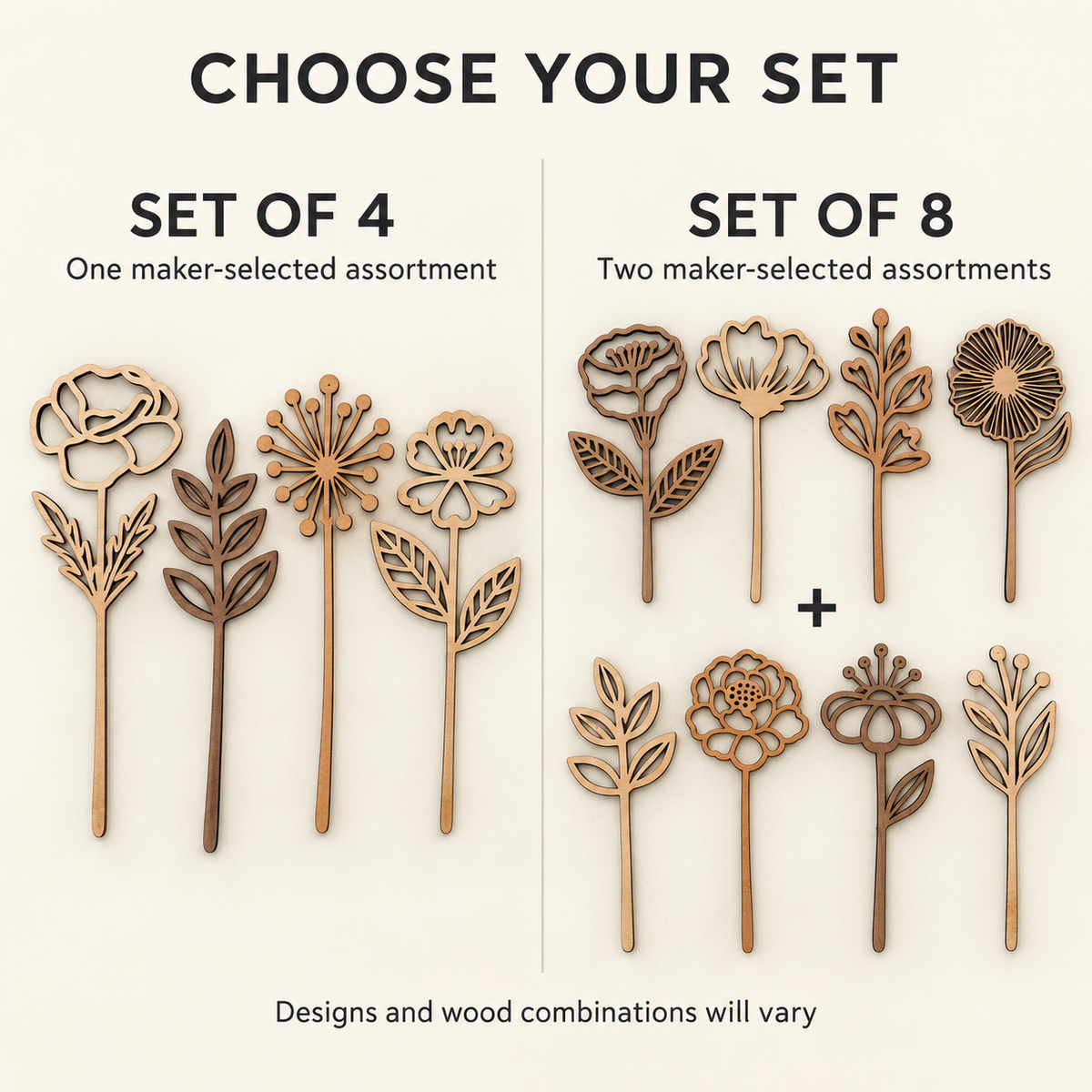 Wood Flower Reed Diffusers, Set of 4 or 8, Maple Cherry Walnut (No Oil)