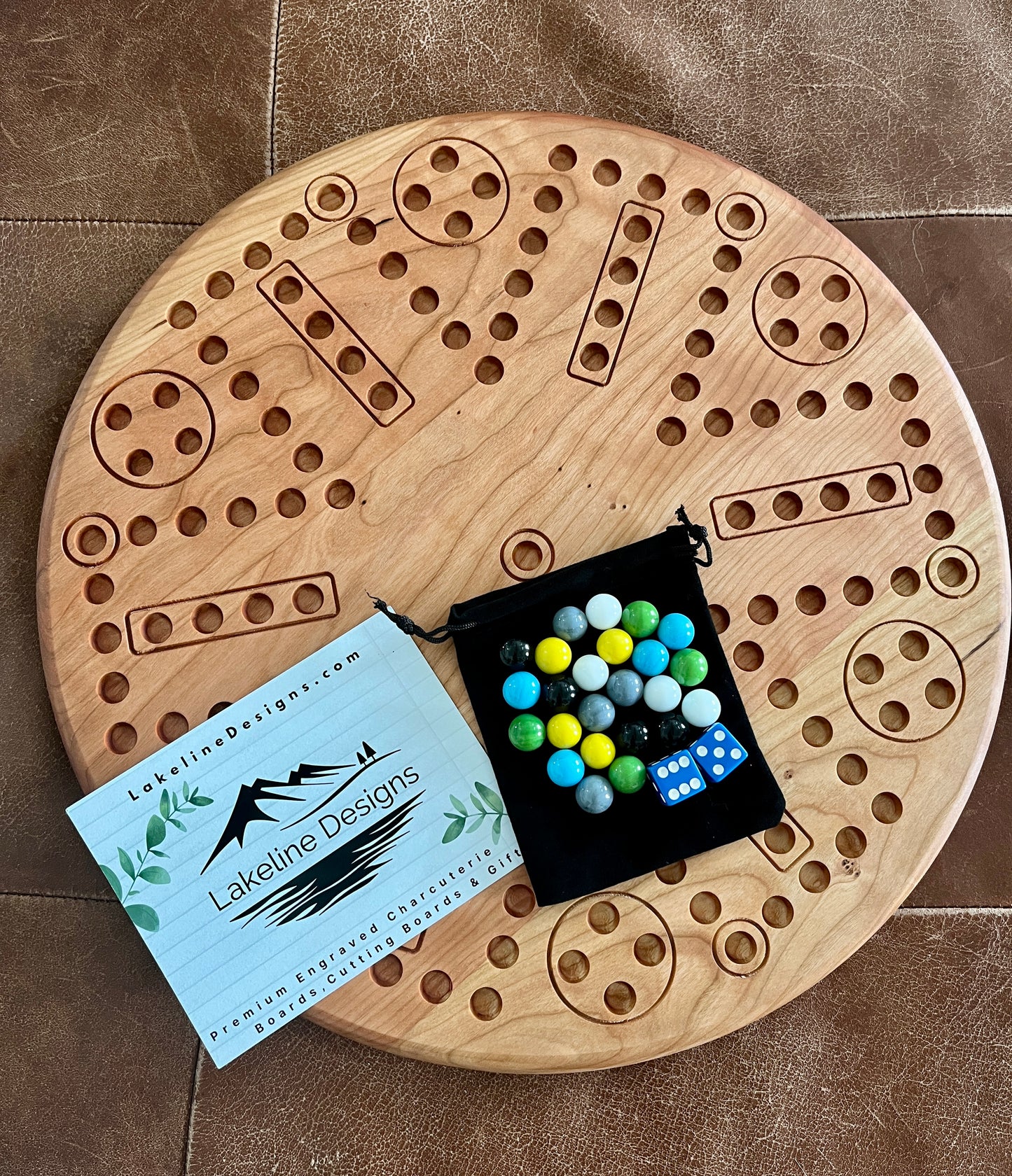 Handmade 6-Player Wahoo / Aggravation Game Board – Natural Hardwood Circle Board with Marbles & Dice