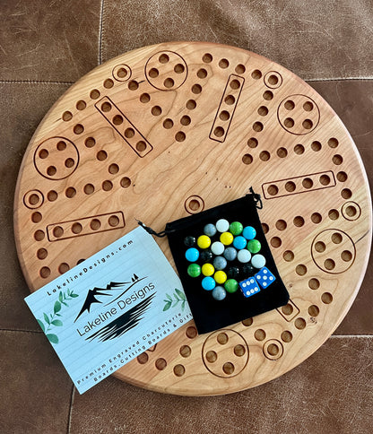 Handmade 6-Player Wahoo / Aggravation Game Board – Natural Hardwood Circle Board with Marbles & Dice