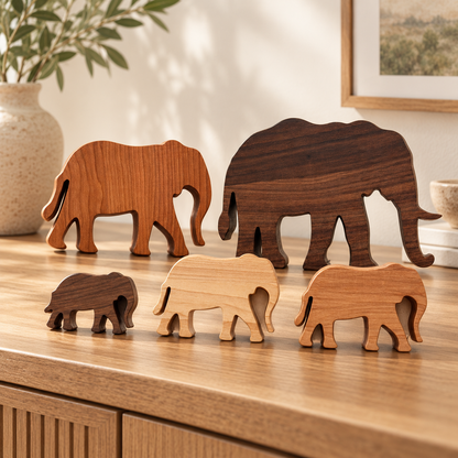 Wooden Elephant Family Figurines, 5-Piece Solid Hardwood Home Decor