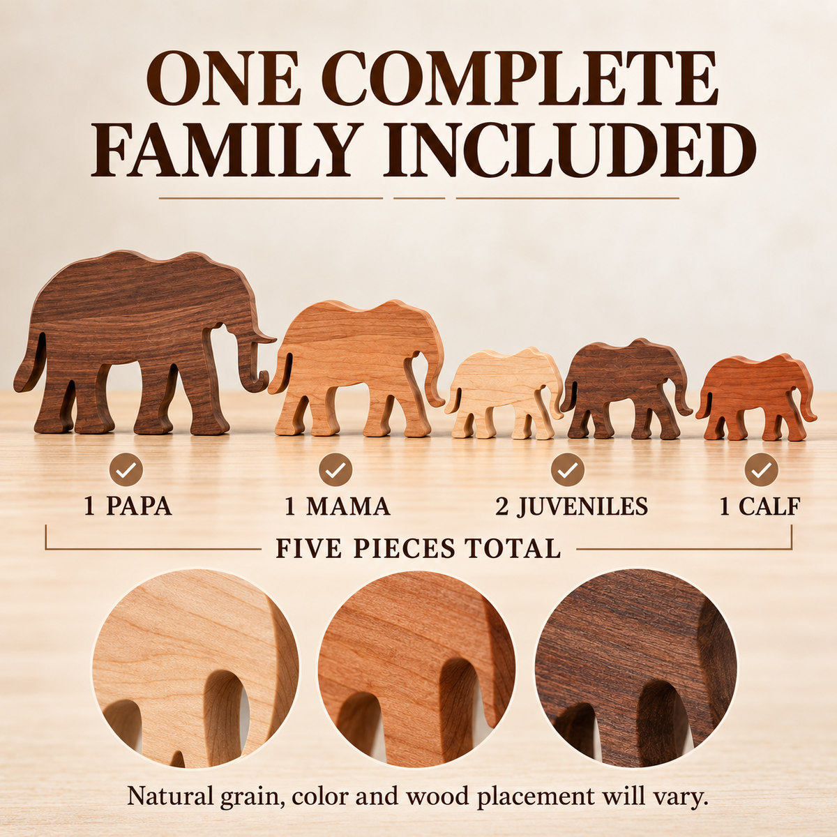 Wooden Elephant Family Figurines, 5-Piece Solid Hardwood Home Decor