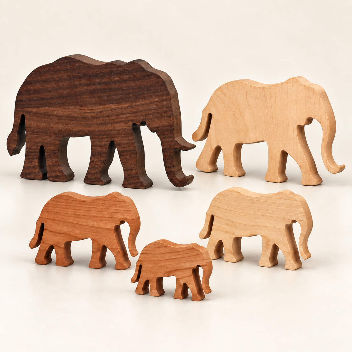 Wooden Elephant Family Figurines, 5-Piece Solid Hardwood Home Decor