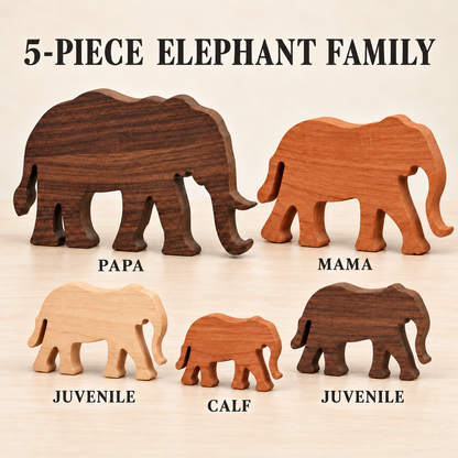 Wooden Elephant Family Figurines, 5-Piece Solid Hardwood Home Decor