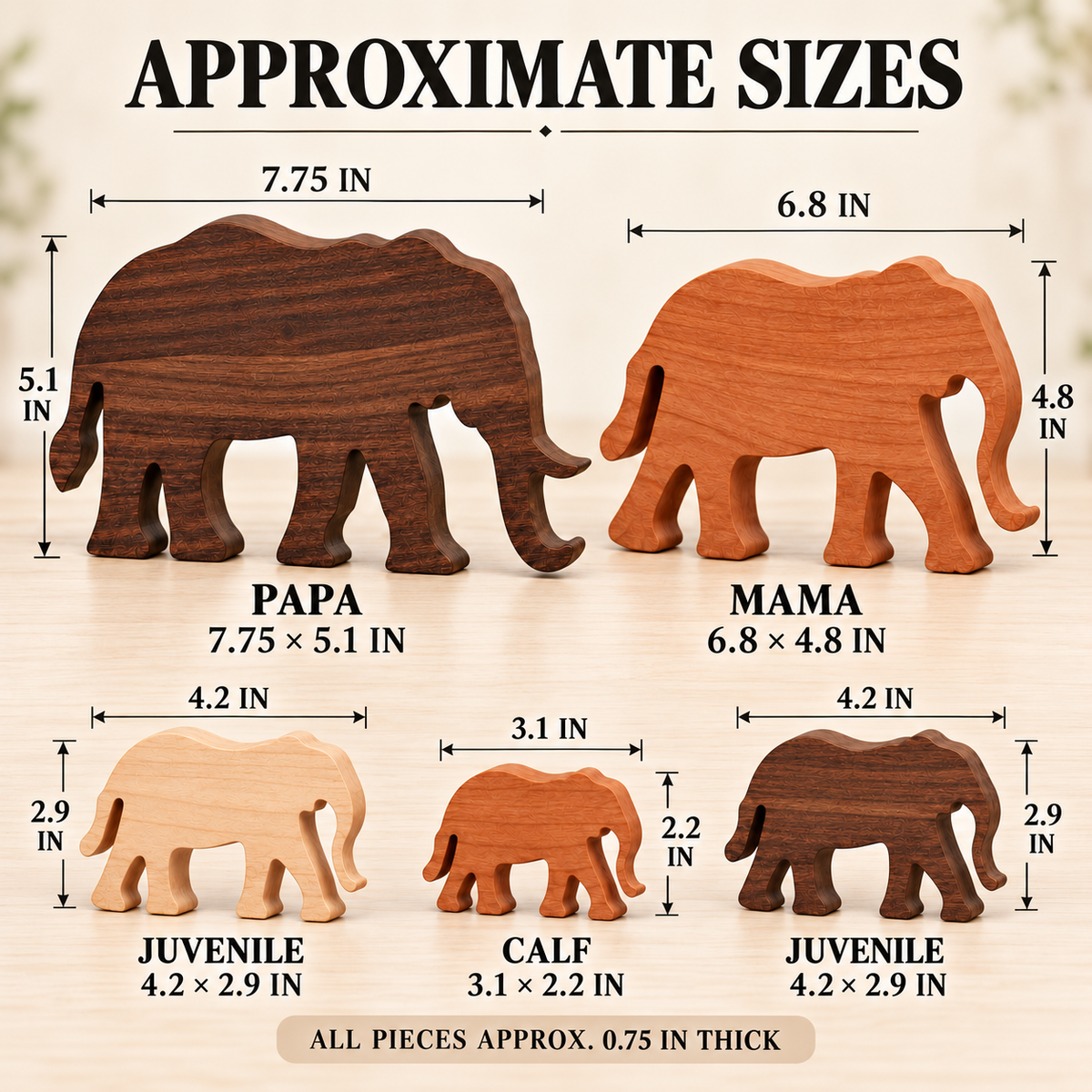 Wooden Elephant Family Figurines, 5-Piece Solid Hardwood Home Decor