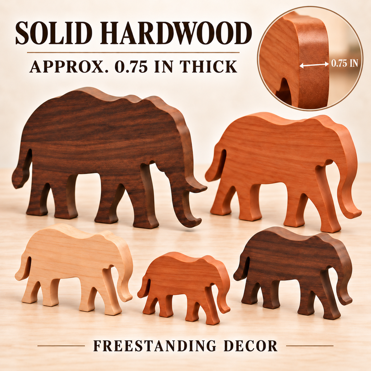 Wooden Elephant Family Figurines, 5-Piece Solid Hardwood Home Decor