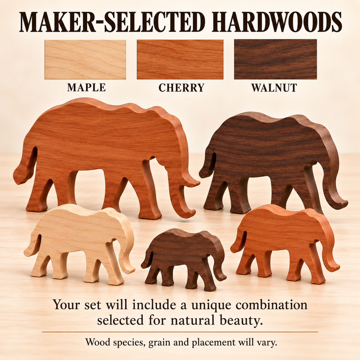 Wooden Elephant Family Figurines, 5-Piece Solid Hardwood Home Decor