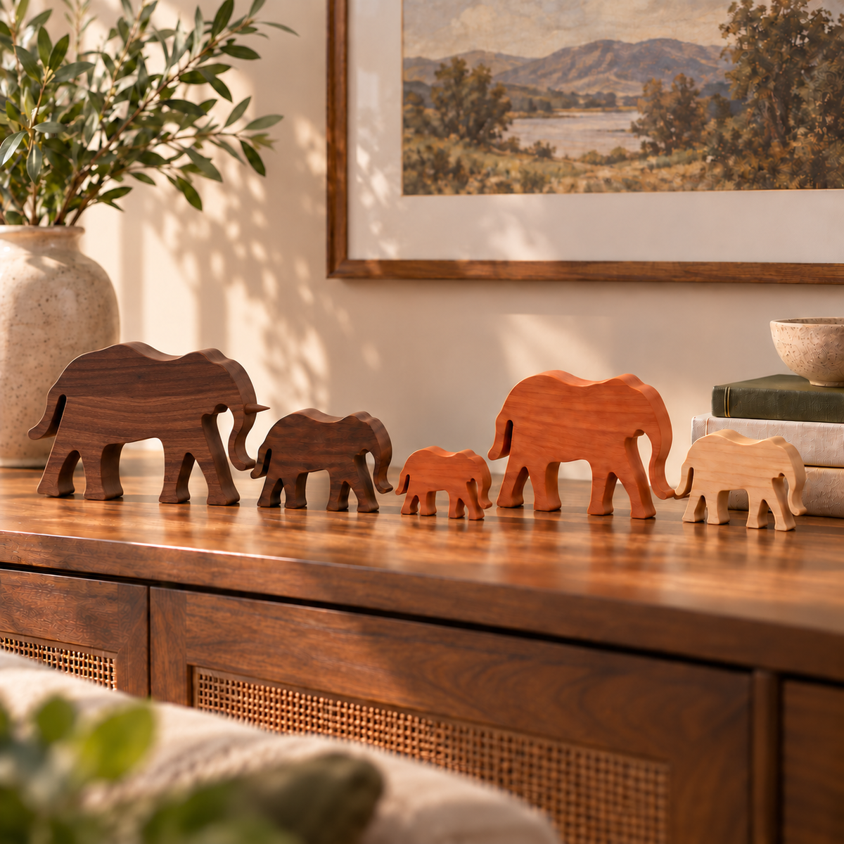 Wooden Elephant Family Figurines, 5-Piece Solid Hardwood Home Decor