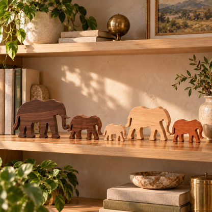 Wooden Elephant Family Figurines, 5-Piece Solid Hardwood Home Decor