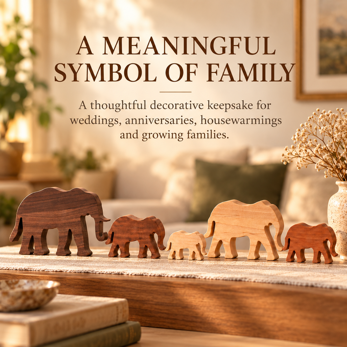 Wooden Elephant Family Figurines, 5-Piece Solid Hardwood Home Decor