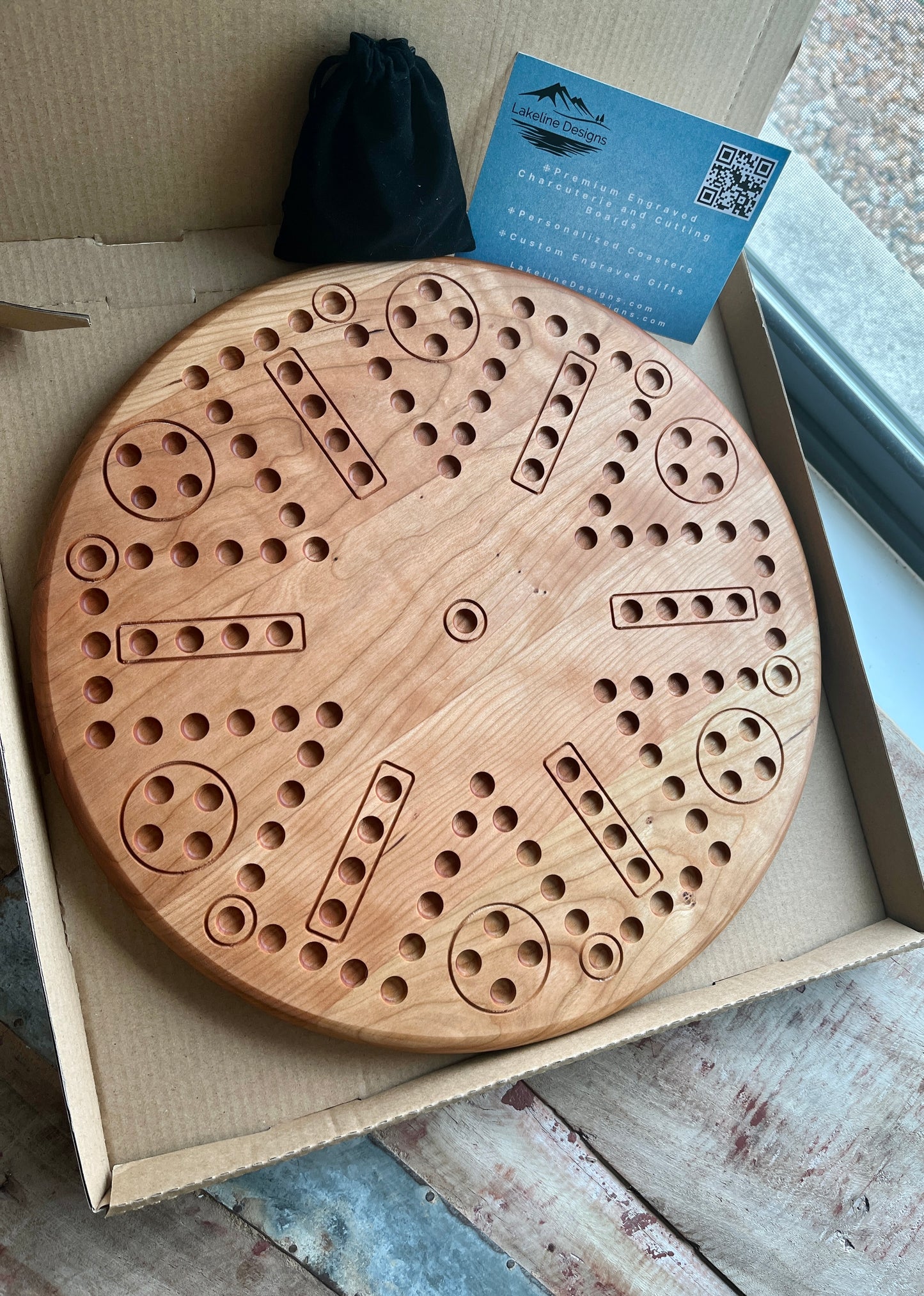 Handmade 6-Player Wahoo / Aggravation Game Board – Natural Hardwood Circle Board with Marbles & Dice