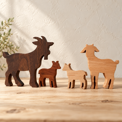 Solid Hardwood Goat Family Figurines: 4-Piece Farmhouse Shelf Decor