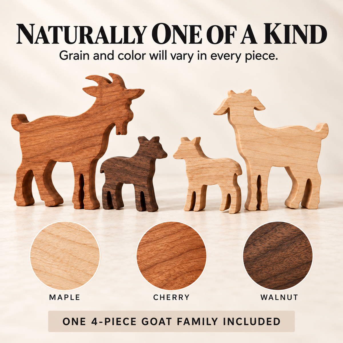 Solid Hardwood Goat Family Figurines: 4-Piece Farmhouse Shelf Decor