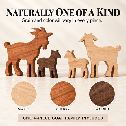 Solid Hardwood Goat Family Figurines: 4-Piece Farmhouse Shelf Decor