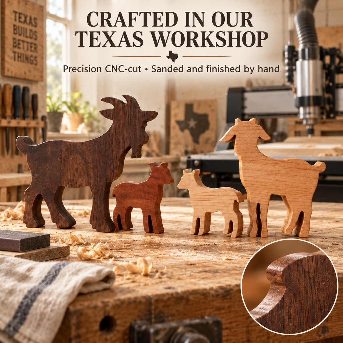 Solid Hardwood Goat Family Figurines: 4-Piece Farmhouse Shelf Decor